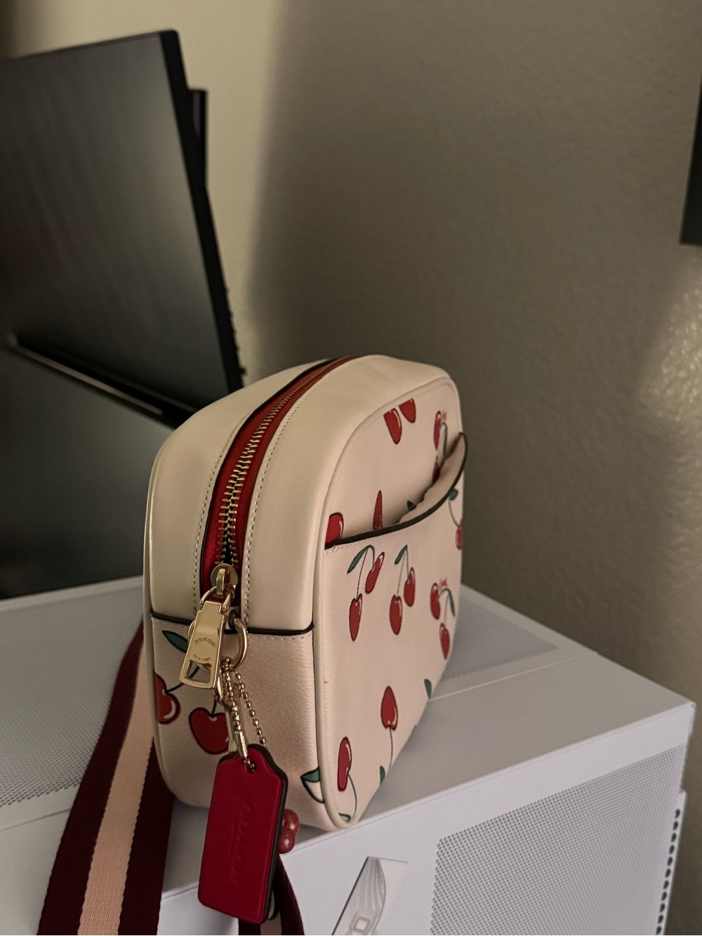 Coach Pink Cherry-Print Crossbody Bag with Striped Strap - Picture 4 of 4